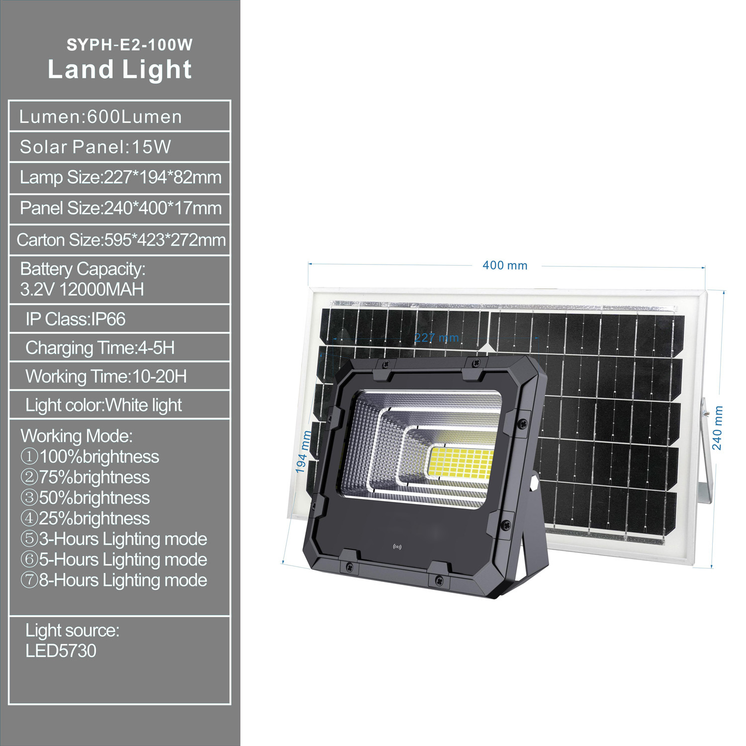 Luz terrestre solar exterior / Luz LED solar / Luz de inundación solar 100W